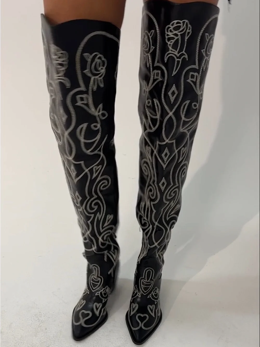 Black Embroidered Over-the-Knee Western Boot